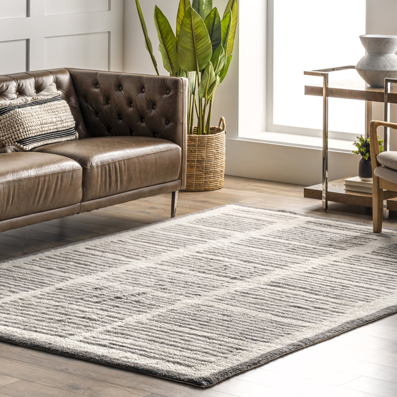 Tapis ivoire / gris anthracite en laine tissé à la machine, Rectangle 6 pi x 9 pi