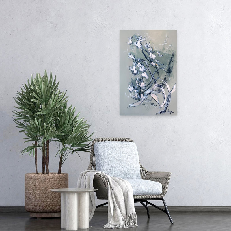 Abstrait, fleurs blanches abstraites, contemporain, délicat, cheval, fleur, art mural, 24" H x 16" W