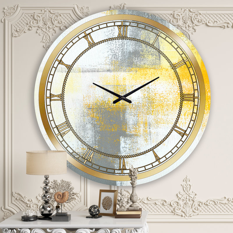 Gris et jaune bleu abstrait X - horloge murale moderne, Grand