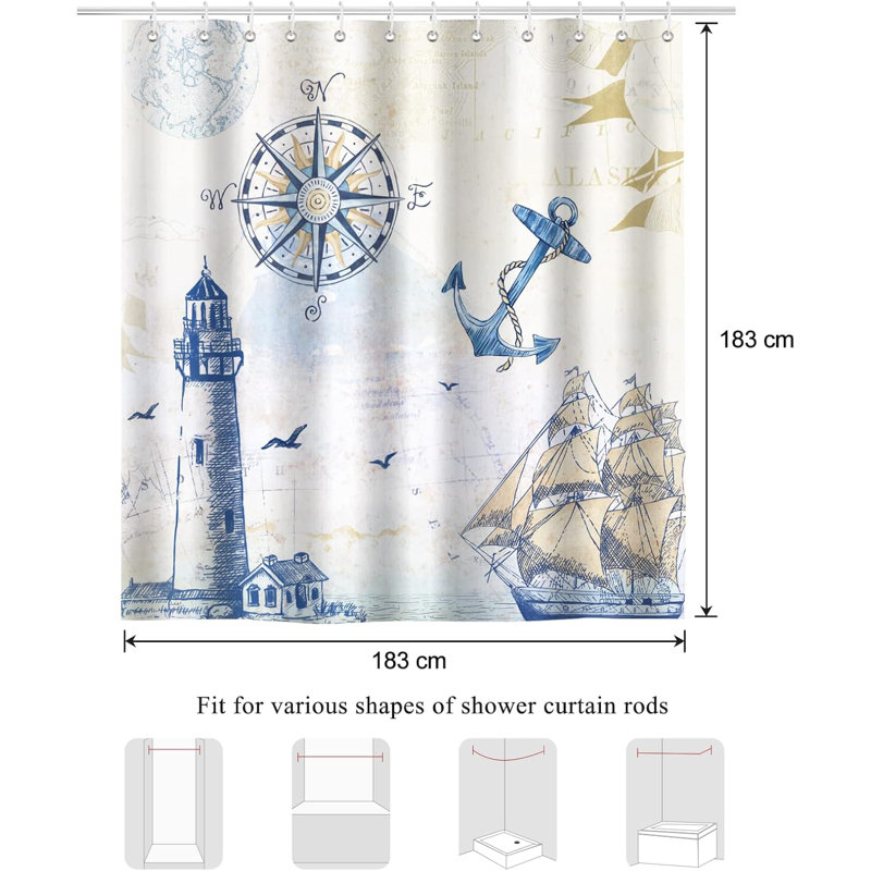 Rideau de douche imperméable à thème nautique avec boussole à ancre de phare - conception de salle de bain en tissu de polyester comprenant 12 crochets pour une installation facile