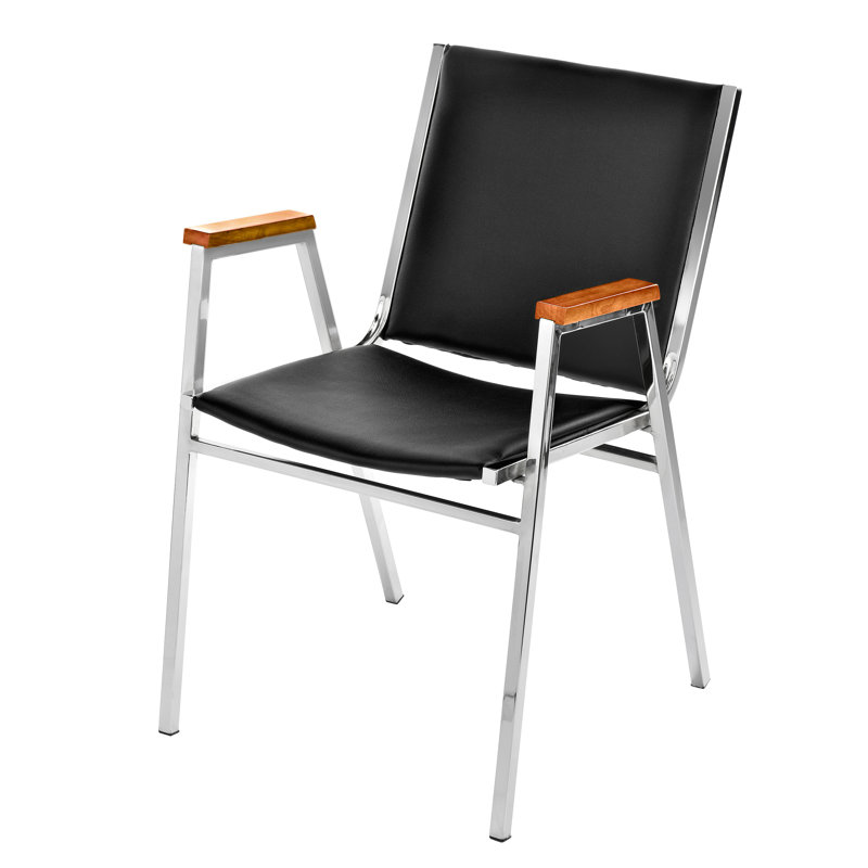 Black Vinyl and Metal Stackable Office Chair with Walnut Armrests