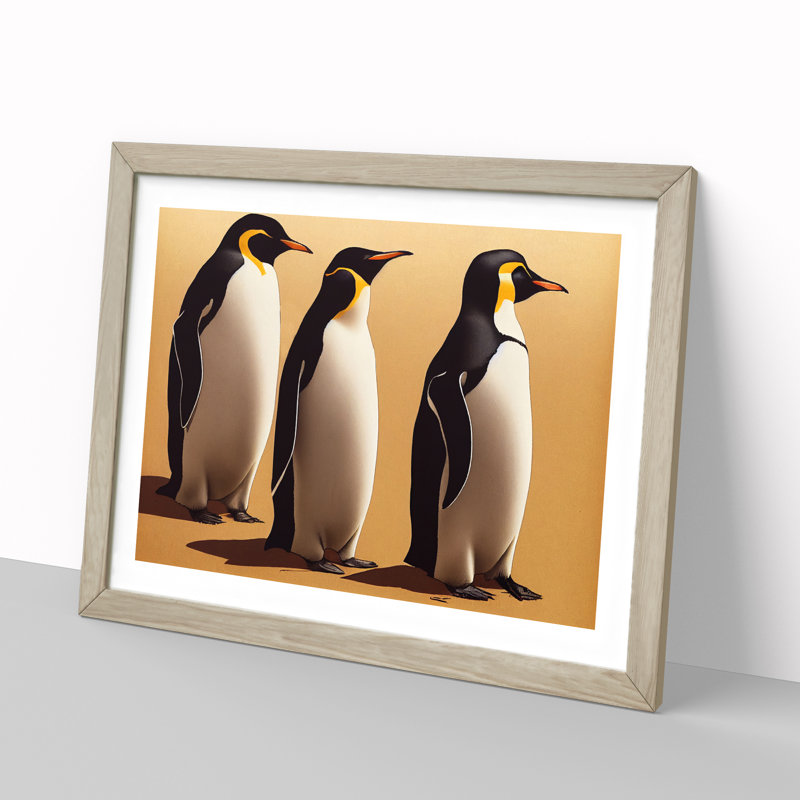 XH1022-9228X Trio Of Penguins - Single Picture Frame Print, 46cm H x 64cm W x 2cm D, Oak