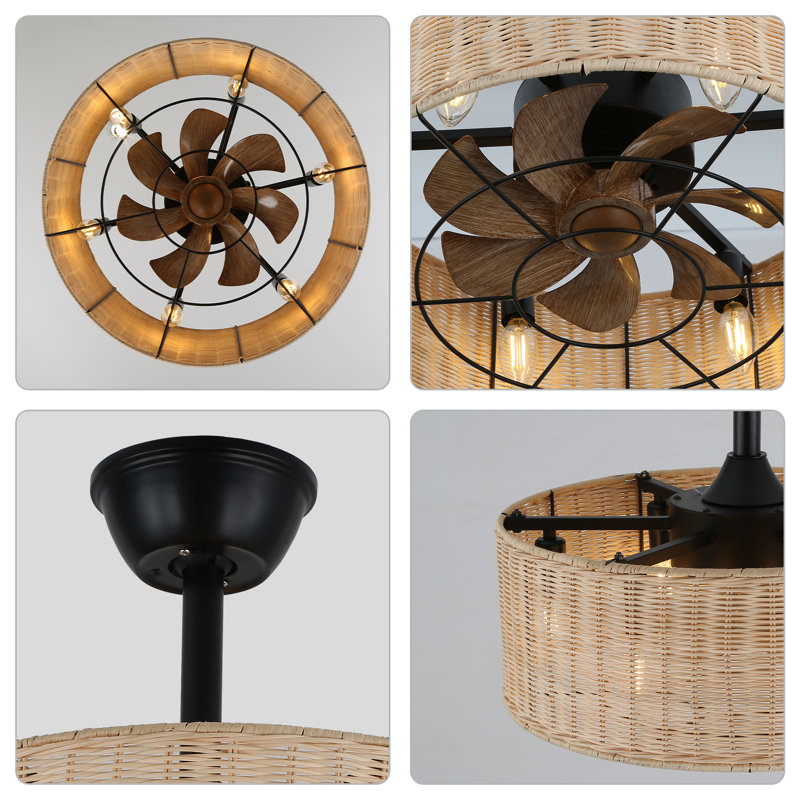 Mika 18" Beige Rattan Caged Ceiling Fan with Light and Remote