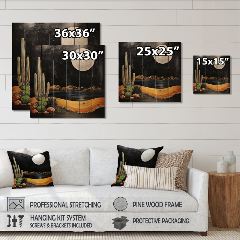 Glam Desert Moon avec cactus I - impression de paysage gris sur bois de pin naturel, H 36 po x l 36 po