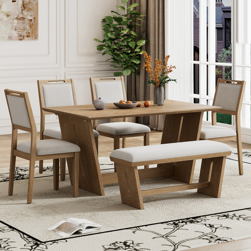 Ensemble de table de salle à manger 6 pièces pour 6 personnes, Bois naturel délavé