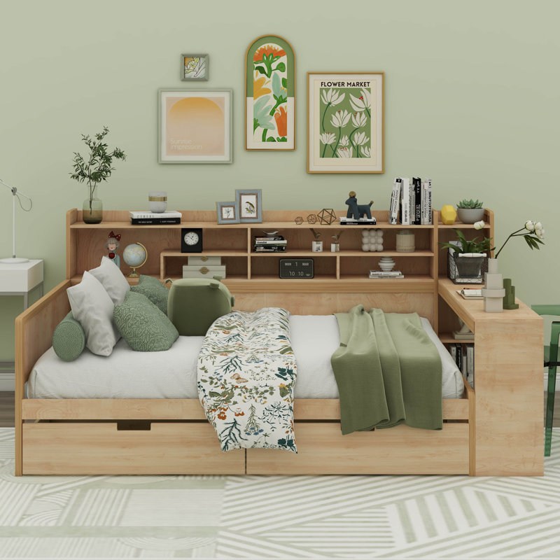 Tiaisha Full Size Multi-functional Bed with Two Storage Drawers and Study Desk, Natural