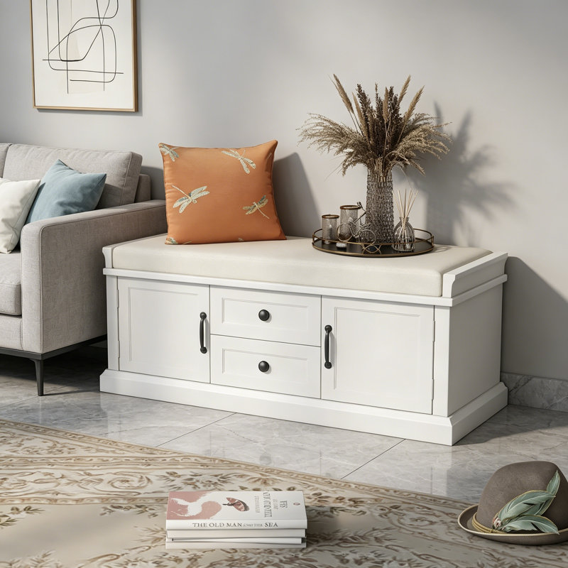 Velvet Upholstered Storage Bench, White