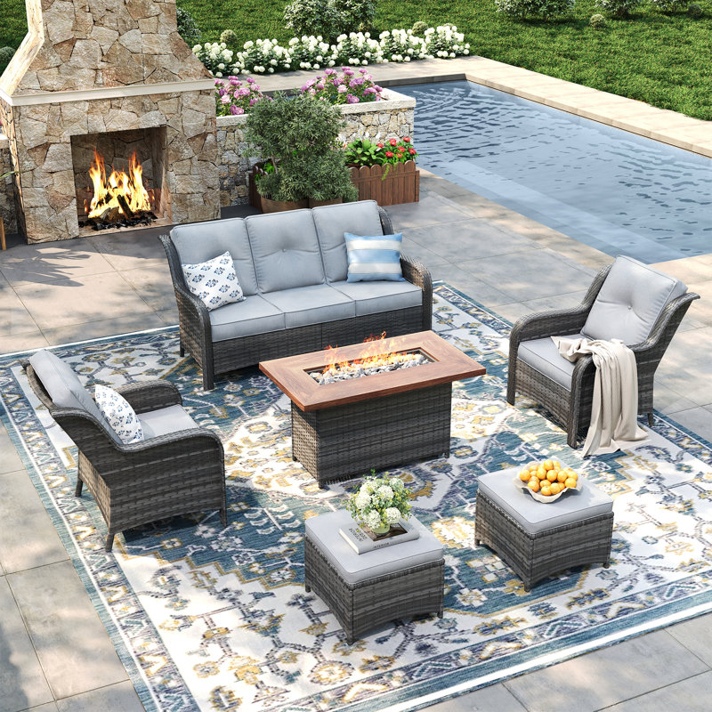 5-Person Patio Wicker Sofa Fire Pit Conversation set with Cushions, 3 Seats Sofa, 2 Armrest Chairs and Ottomans, Gray, Gray