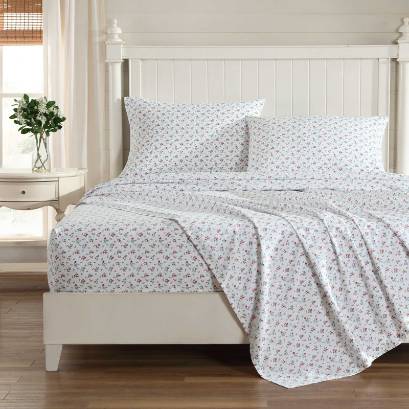 Twin White Floral Cotton Percale Sheet Set