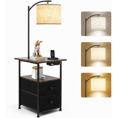 Floor Lamp with Table & 2 Drawers, End Table with Lamp, Rustic Brown