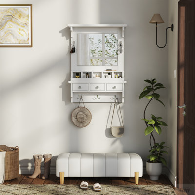 Meuble-lavabo flottant avec grand miroir, meuble-lavabo mural avec tiroirs, pochettes et crochets, rangement décoratif pour petits espaces, blanc