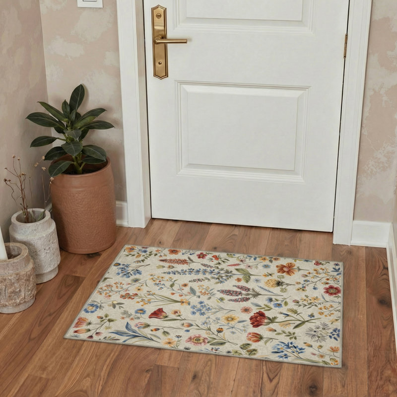 Cogswell Floret Floral Machine Washable Beige Indoor Area Rug with Non-Slip Backing, Rectangle 6' x 9'