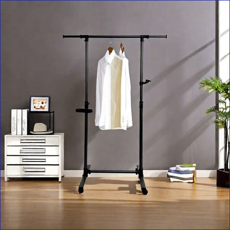 Portant à vêtements avec roulettes Tablette inférieure, support à roulettes robuste et réglable | Noir | Métal