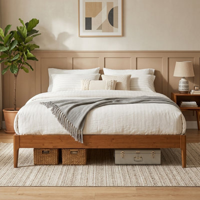 Structure de lit très grande plateforme en bambou naturel de 15 pouces de hauteur, sans sommier tapissier, sans bruit avec rangement sous le lit