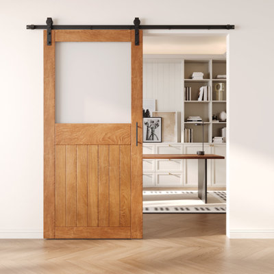 Homacer Early American 36in x 84in Half Lite Glass Design Unassembled & Finished Barn Door with Non-Bypass Installation Hardware Kit, 6.6ft track, interior use only