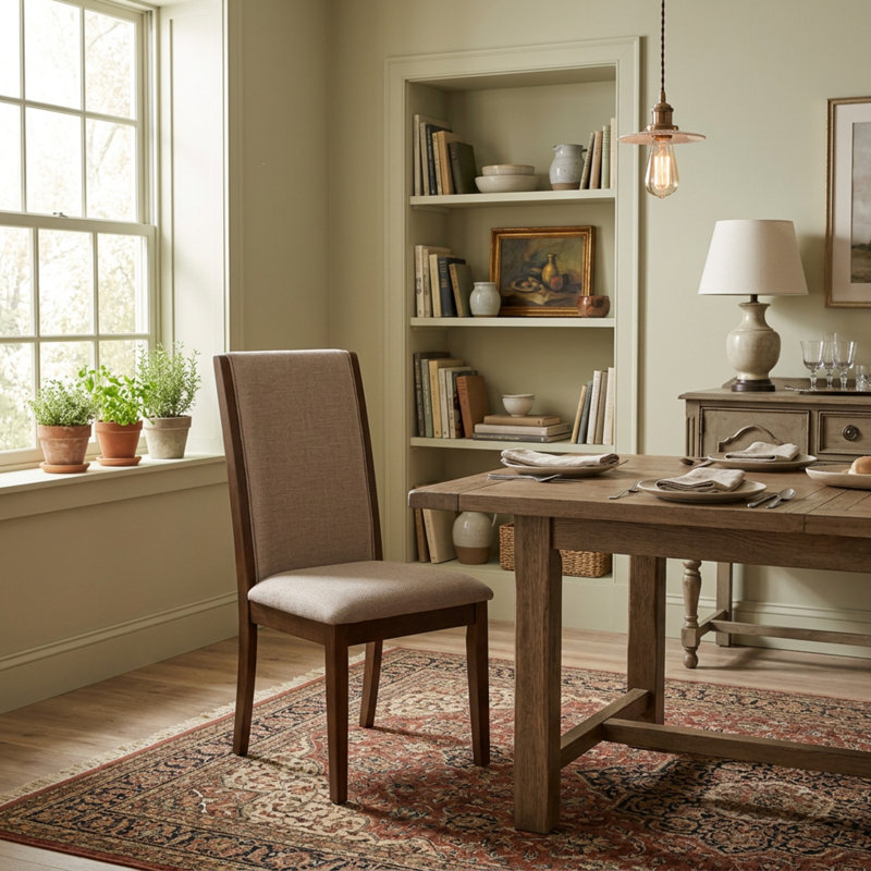 Mahogany Light Tan Wood Linen Fabric Round 3 Piece Dining Table Chairs Set Padded High Back Pedestal