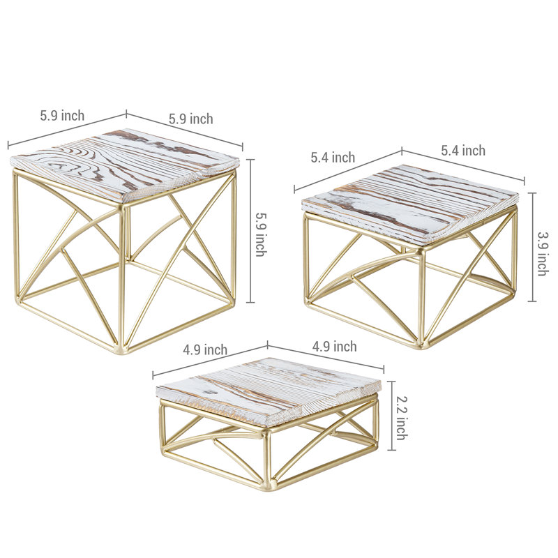 Présentoir à gâteaux carrés à 3 niveaux, Blanc délavé / or