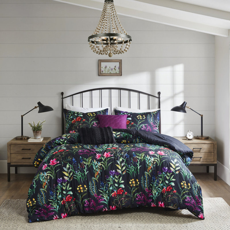 Édredon 5 pièces noir double / grand, magnifique imprimé botanique, 2 coussins décoratifs, taies décoratives assorties, lavable à la machine double / grand, noir, ornement imprimé, rembourrage,