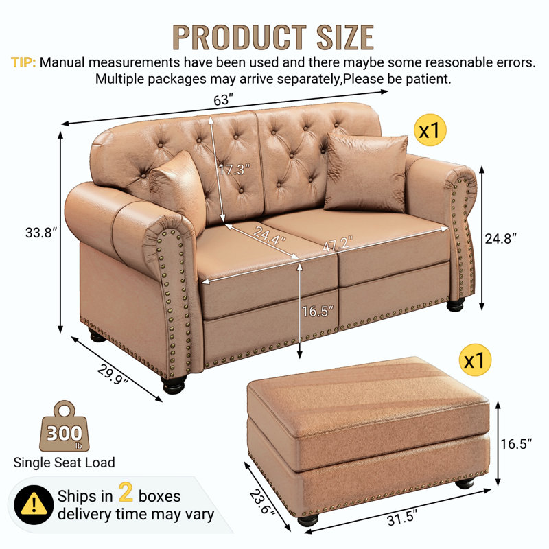 Canapé Chesterfield de style Mid-Century avec similicuir, capitonnage, garniture cloutée et accoudoirs roulés, comprend 2 coussins