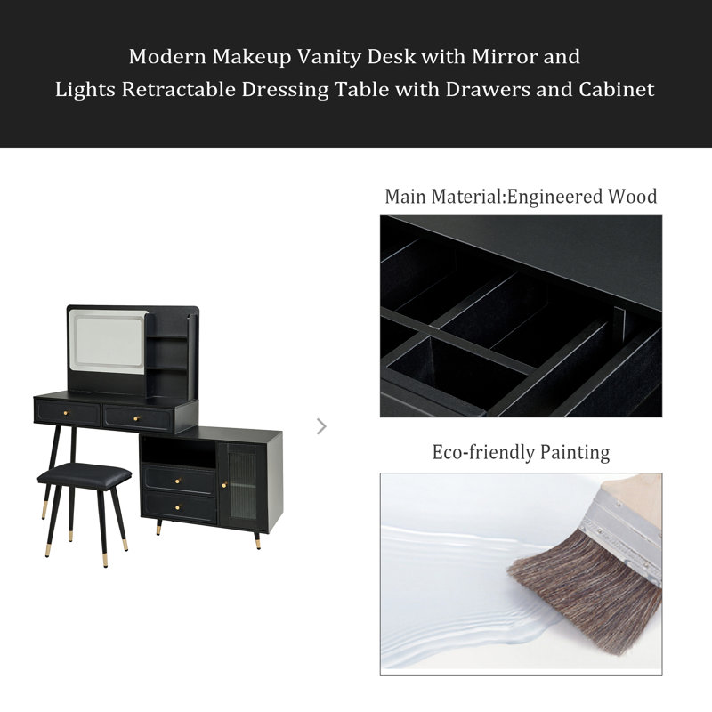 Modern Makeup Vanity Desk With Mirror And Lights, Retractable Dressing Table With Drawers And Cabinet, Compact Makeup Table Set With Power Outlet For Bedroom