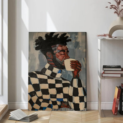 Art afro-américain sur toile, noir et blanc, peinture abstraite, décoration murale, mode, homme noir moderne, buvant un café, affiche, affiche pour la cuisine, scène de chambre, décoration intérieure