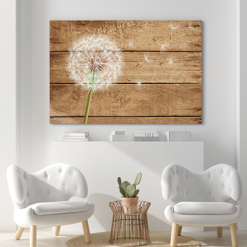 Dandelion on Brown Wood Effect Background Rustic Pictures Large Wrapped Canvas Print Wall Art, 32" H x 48" W x 1.5" D