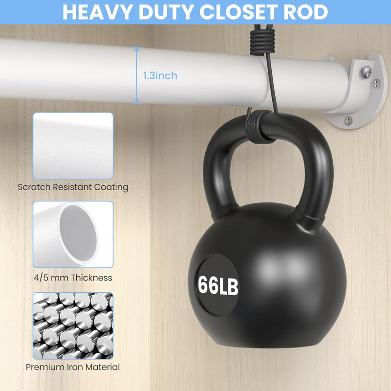 Closet Rods For Hanging Clothes, 17 To 84 Inch Heavy Duty Stepless Adjustable Closet Hanging Rod, 1.3 Inch Diameter Metal Closet Rod For Wardrobes Laundry Bedroom RV, White
