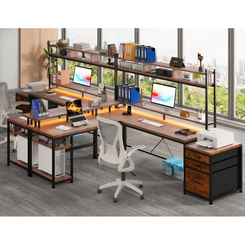 Mobean L-Shaped Computer Desk with Power Outlet, Rustic Brown/Black