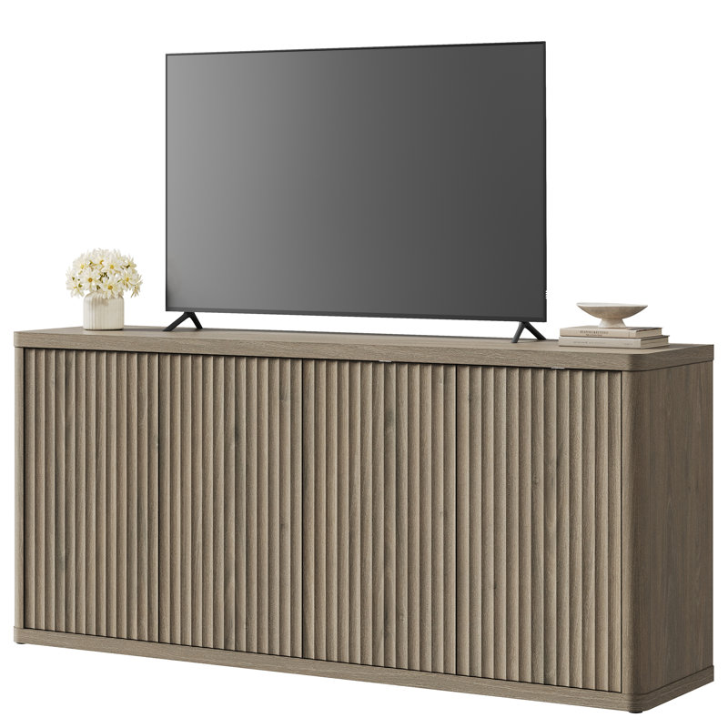 Cesiro Modern Fluted 4-Door TV Stand With Adjustable Shelves, Gray 