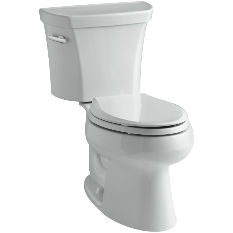 White two-piece elongated toilet with a left-hand silver flush lever