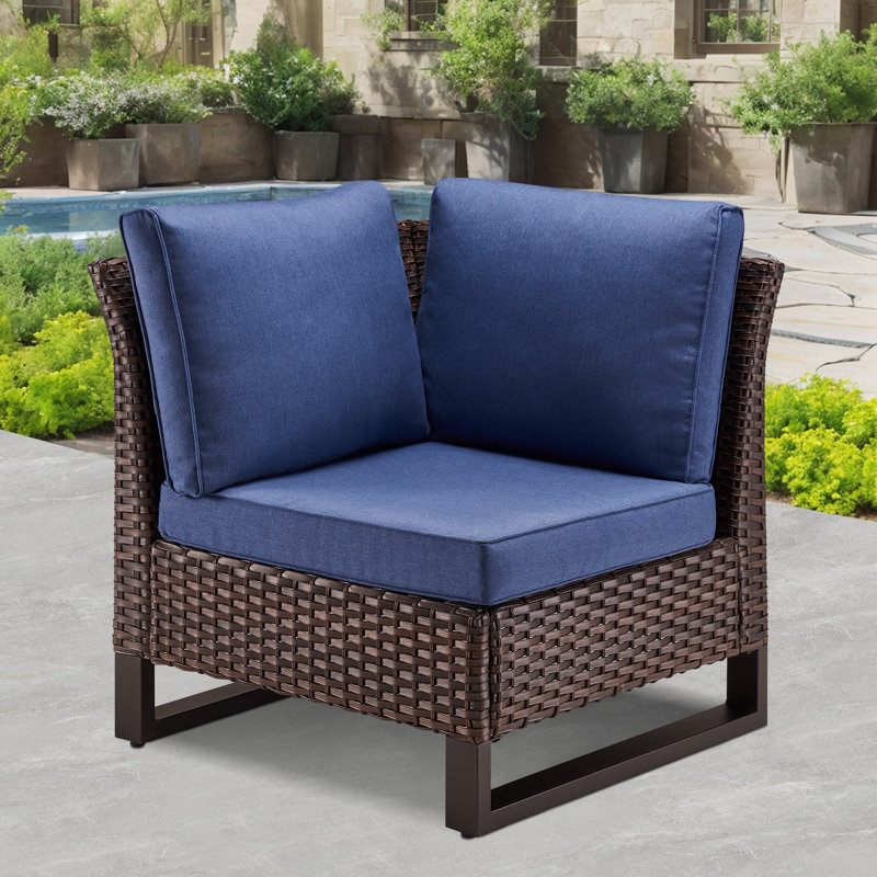 Ingvald Wicker/Rattan Outdoor Patio Armless Accent Chair With Cushions, Blue