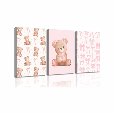 3Pcs Pink Teddy Bear Canvas Wall Art Coquette Bow Wall Decor Pictures Cute Animal Nursery Posters Prints For Room Bedroom Home Decorations