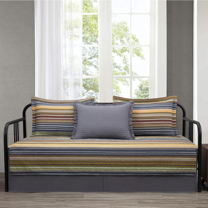 Multi-Color Green Striped Cotton Daybed Quilt Set