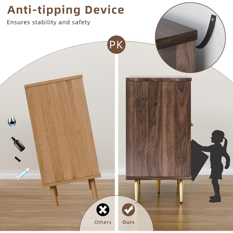 Walnut and Rattan 3-Door Accent Storage Cabinet