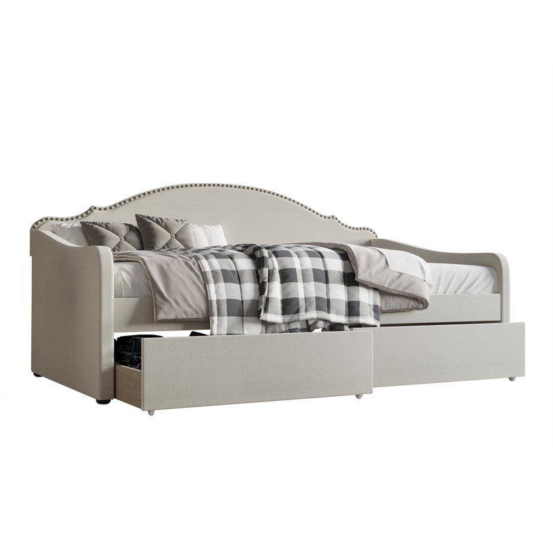 Caitronia Upholstered Daybed With Storage Drawers, Warm Gray