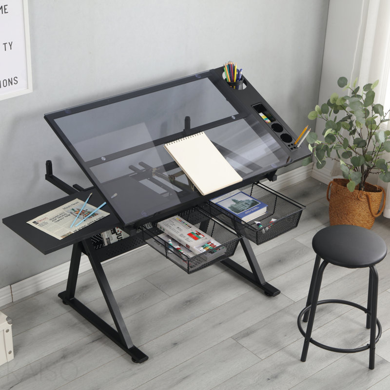 Table à dessin noire réglable en verre trempé avec chaise