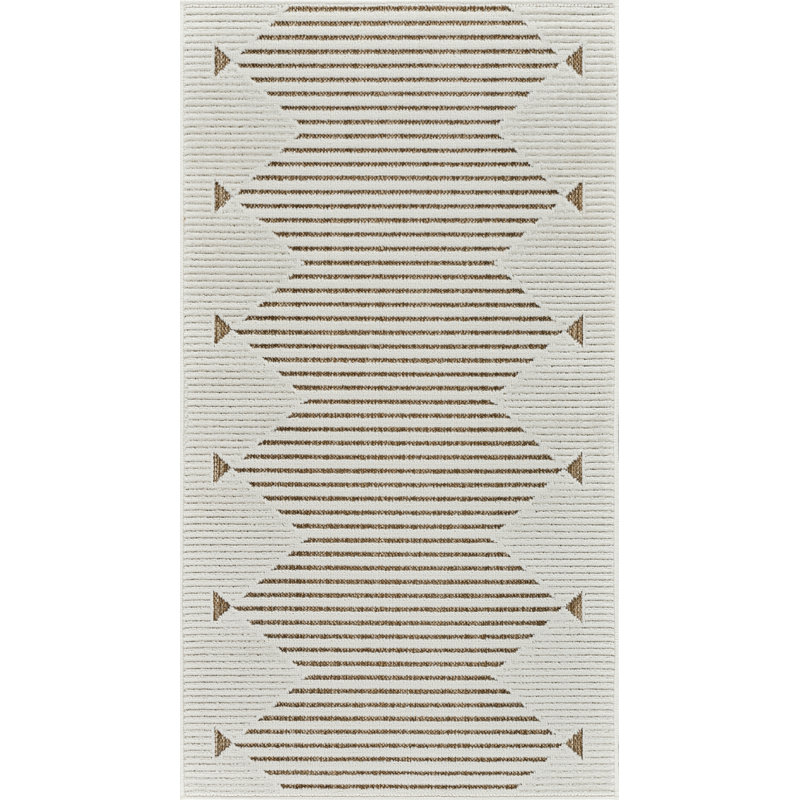 Tapis d'entrée à rayures beige / brun 3 pi x 5 pi (2 pi 7 po x 4 pi 11 po) Branch Branch Zuri, tapis d'entrée contemporain, à poils courts et résistant aux taches