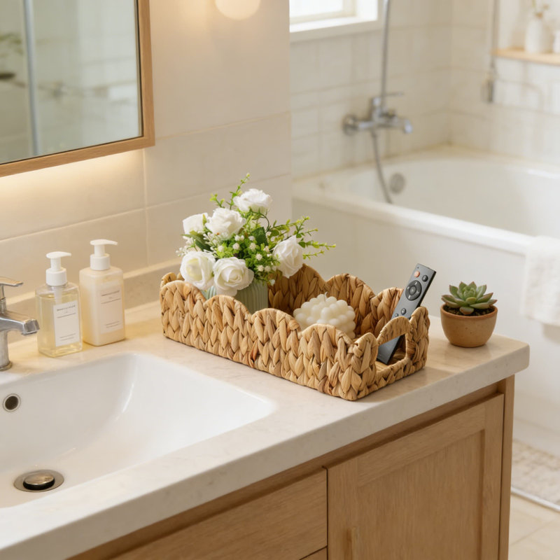 Water Hyacinth Toilet Paper Storage Basket, Handwoven Wicker Bathroom Organizer With Handles For Toilet Tank, Decorative Scalloped Design For Home Decor