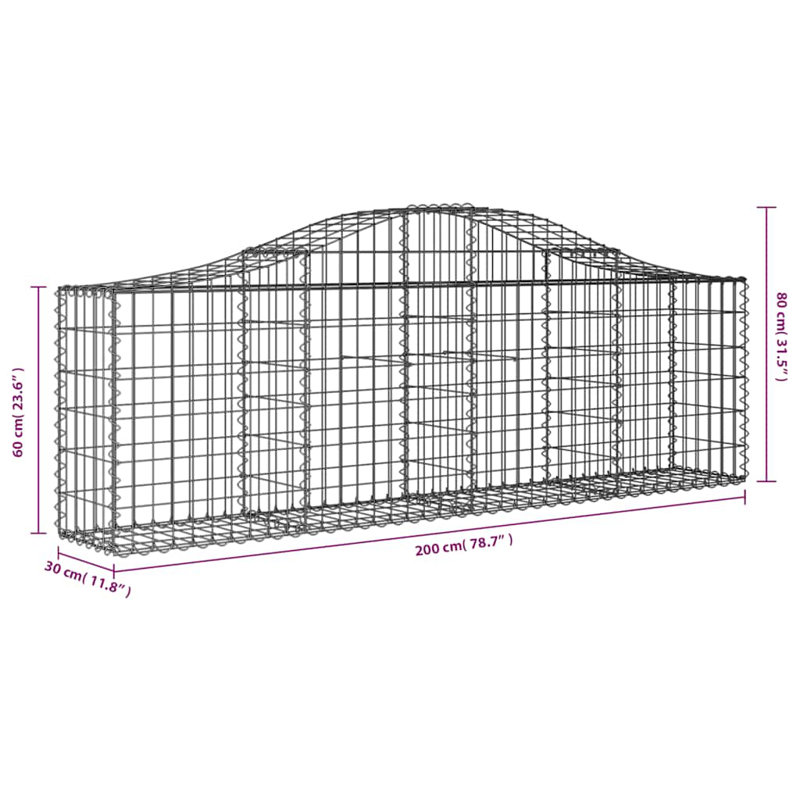 Arched Gabion Baskets 2 Pcs Galvanised Iron, 80cm H x 200cm W x 30cm D