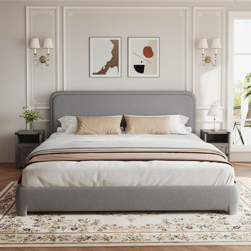 Ensemble de lit plateforme tapissier 3 pièces Bensu Boucle, Gris, Très grand