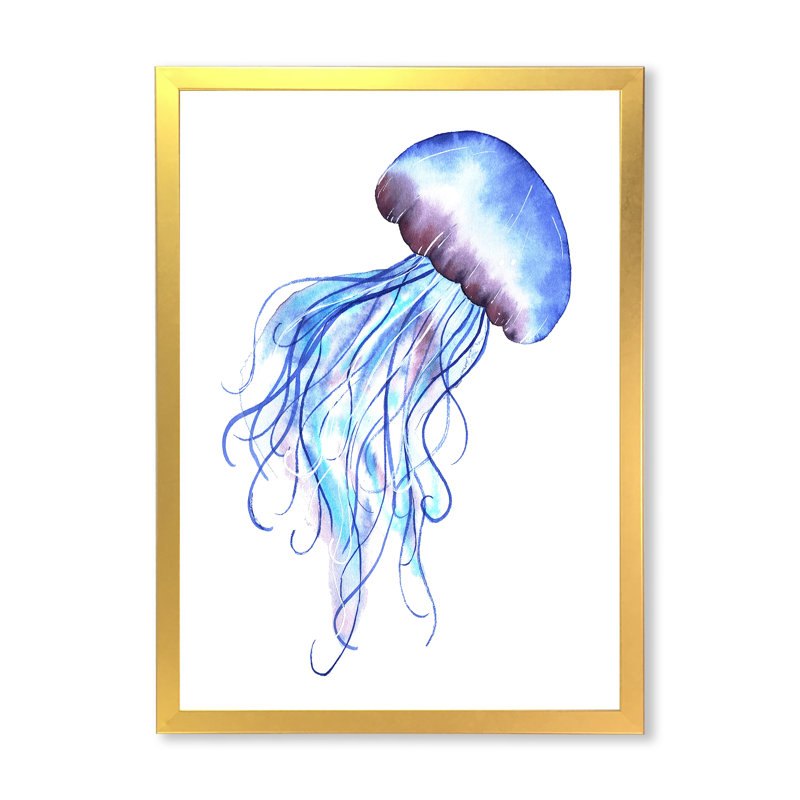 Adorable méduse bleue - reproduction sur toile, H 20 po x l 12 po, Cadre doré