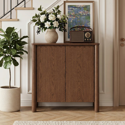 31.5" Accent Buffet Cabinet for Living Room, Solid Wood Veneer Storage Cabinet with Adjustable Shelves for Hallway or Kitchen, Walnut