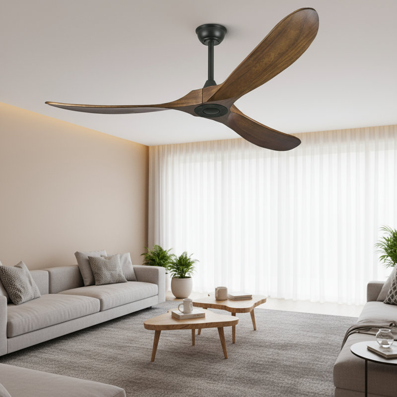 60" 3-Blade Solid Walnut Ceiling Fan Without Light– Remote, DC Motor, Indoor/Outdoor/Patio (Coastal/Farmhouse), 60" Wide