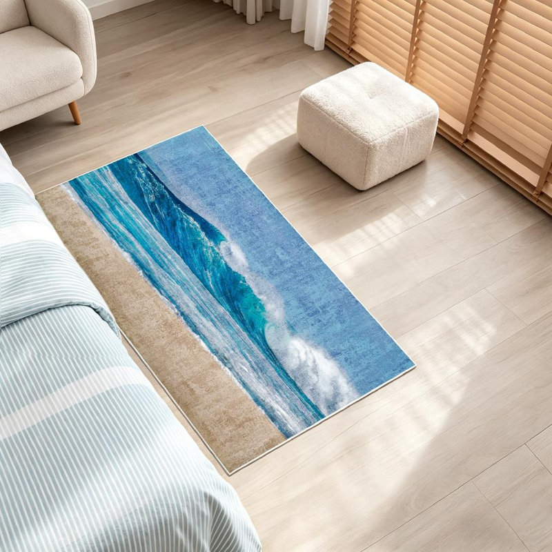 Tapis bleu lavable à la machine bleu Surf Big Ocean Wave Sandy Beach Sea, Rectangle 32" x 47"