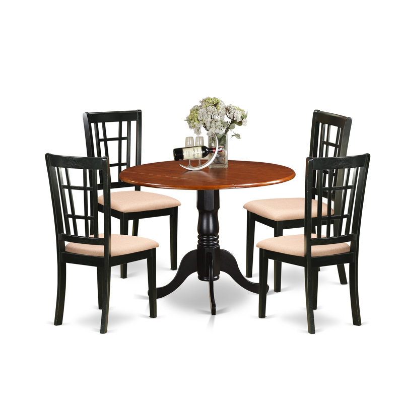 Ensemble de table de salle à manger 5 pièces comprenant une table ronde avec Dropleaf et 4 chaises rembourrées en tissu de lin, 42 po x 42 po, noir et cerise