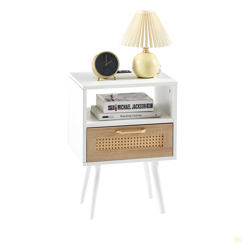 15.75" Rattan End Table With Power Outlet  & USB Ports , Modern Nightstand With Drawer And Solid Wood Legs, Side Table For Living Room, Bedroom