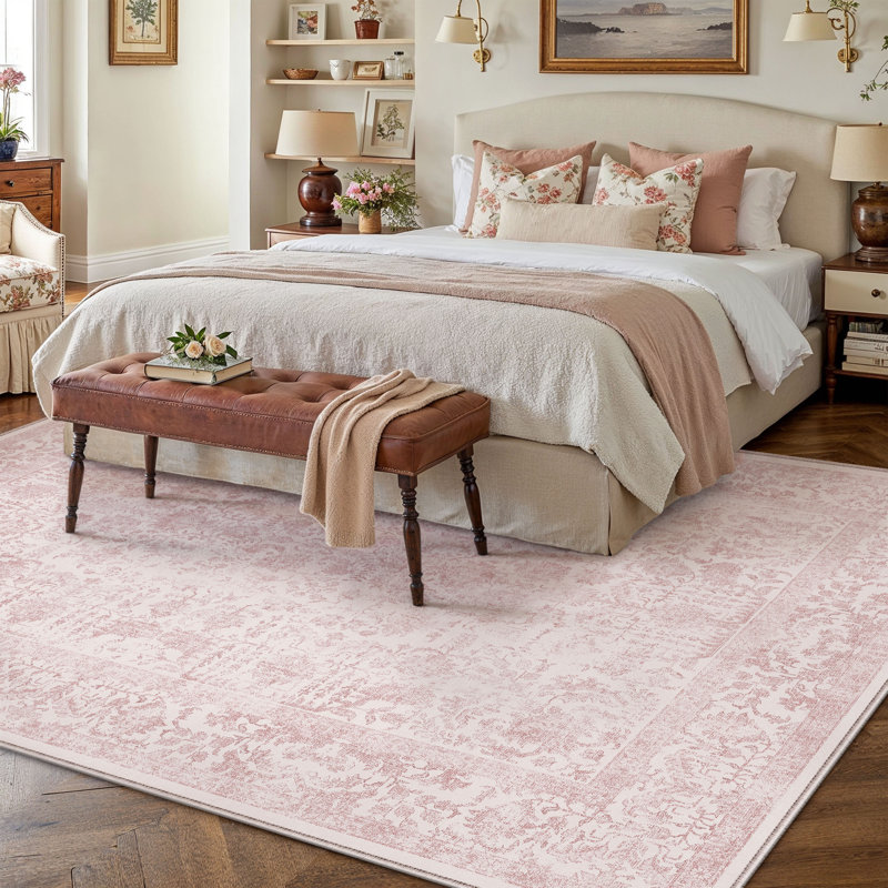 Kitty Machine Washable Vintage Area Rug With Non-Slip Backing, Pink, 0.28", Rectangle 5' x 7'