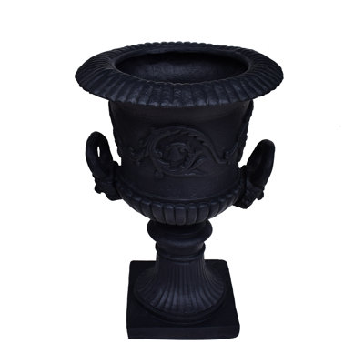 Garden Urn Planter - Black Concrete With Botanical Patterns, Multi-Purpose For Plants, Weather , 18.23In D X W 28.82In H, 35.21Lb Indoor & Outdoor Use, And Water 28.82In,