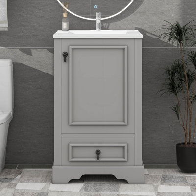 Meuble-lavabo moderne de 20 pouces avec lavabo en céramique, support de porte et tablettes réglables