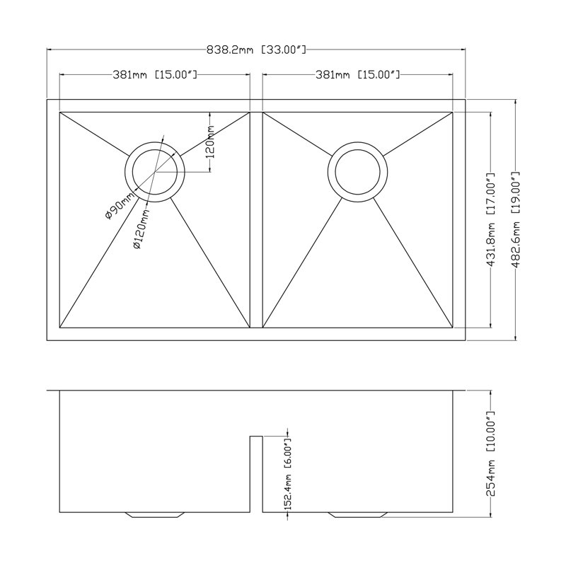 33'' L Double Bowl Stainless Steel Kitchen Sink